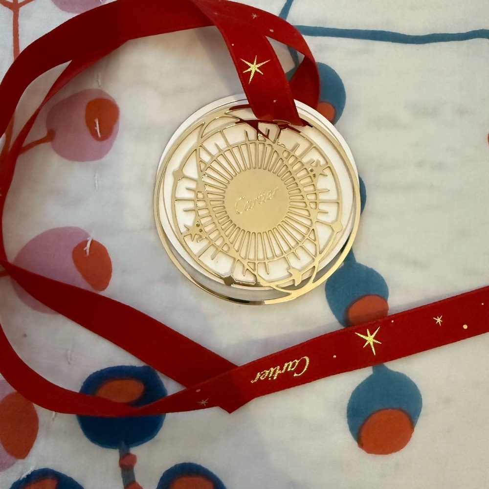 Cartier Gold Ornament/ Gift Tag with Red Ribbon Accents - Picture 2 of 6